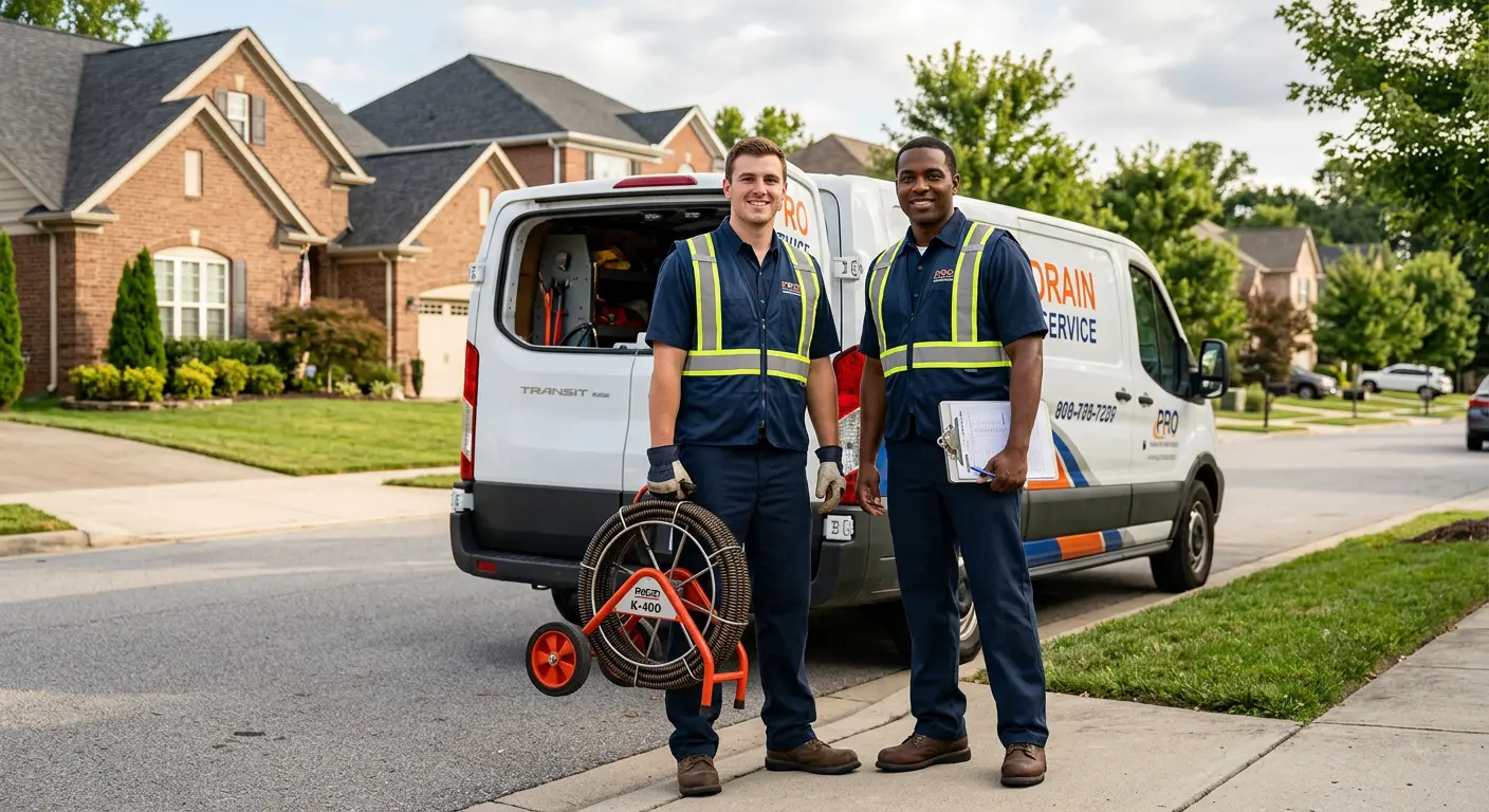 Sewer and drain service team with equipment ready for work in New Windsor