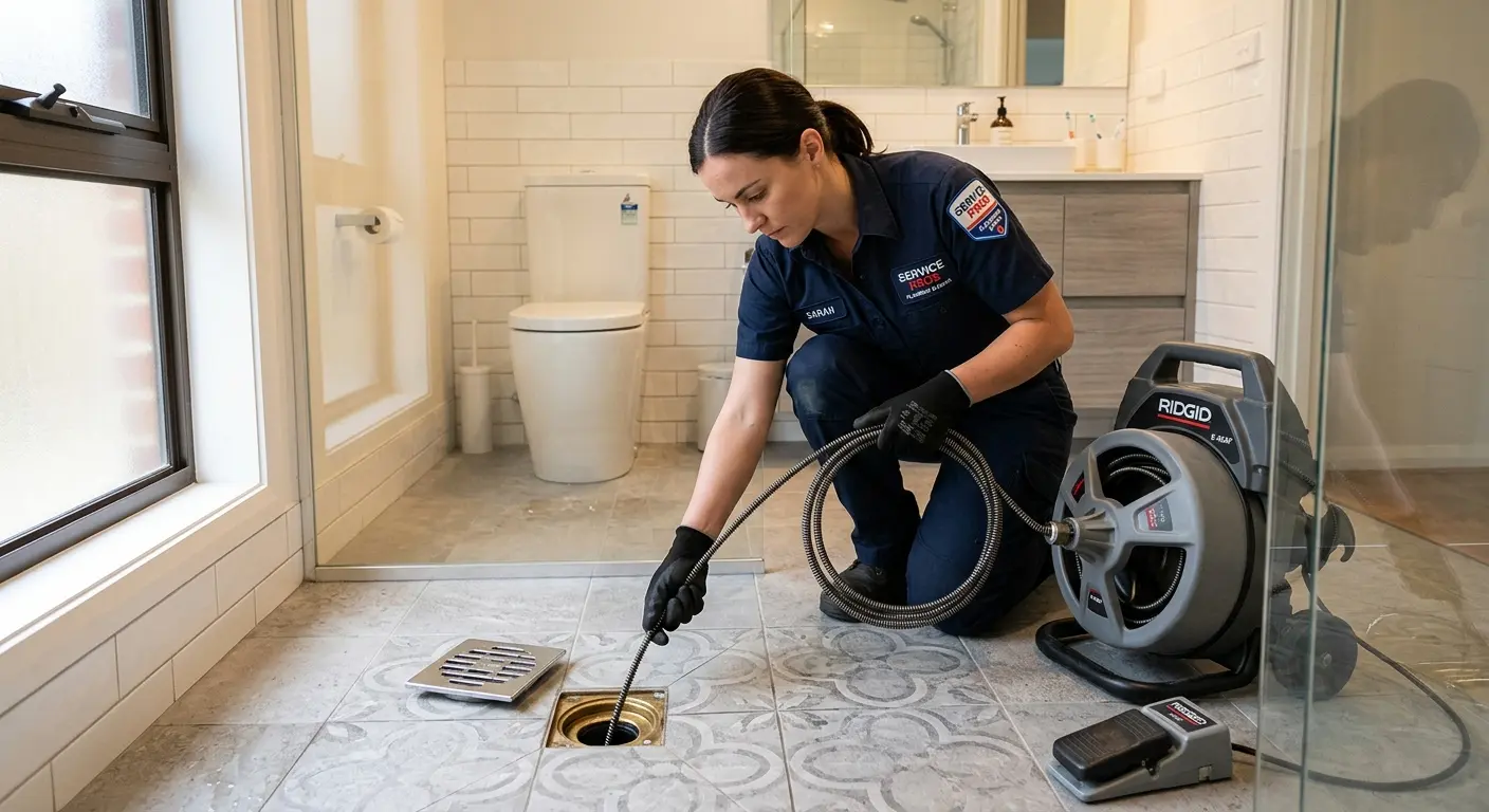 Technician clearing a bathroom floor drain for Drain Repair in New Windsor